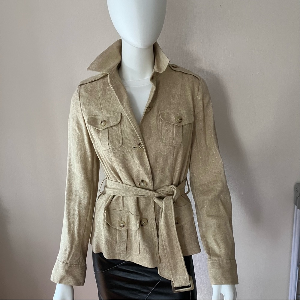 Like New Ralph Lauren beige/gold metallic linen/silk safari jacket.